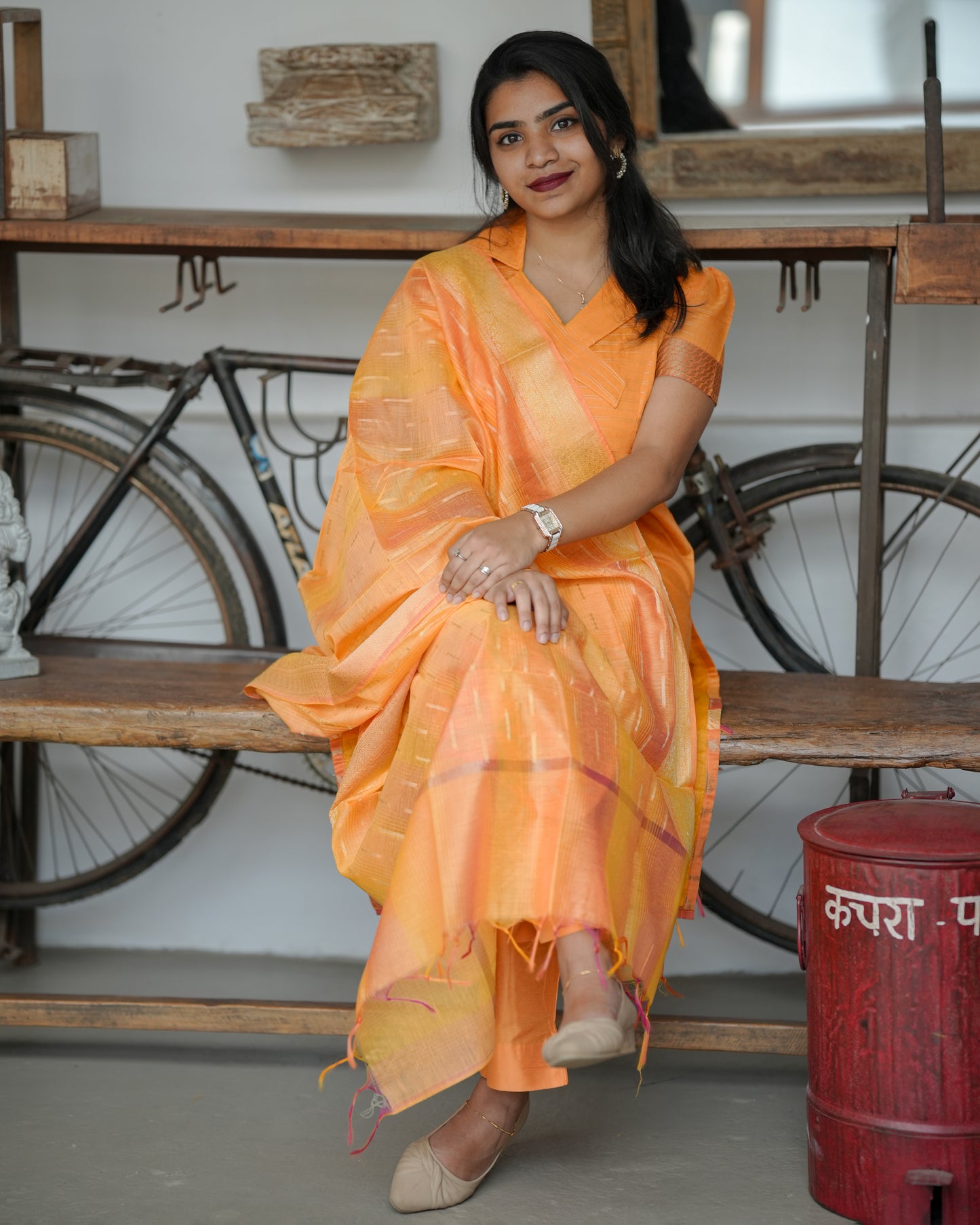 Amber Glow Orange Silk-Cotton Suit with Dupatta