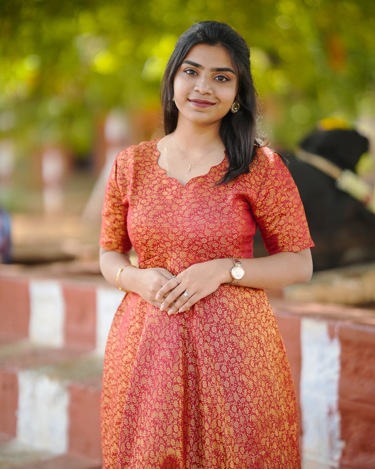 Classic Banarasi Silk Gown with Modern Neck Design