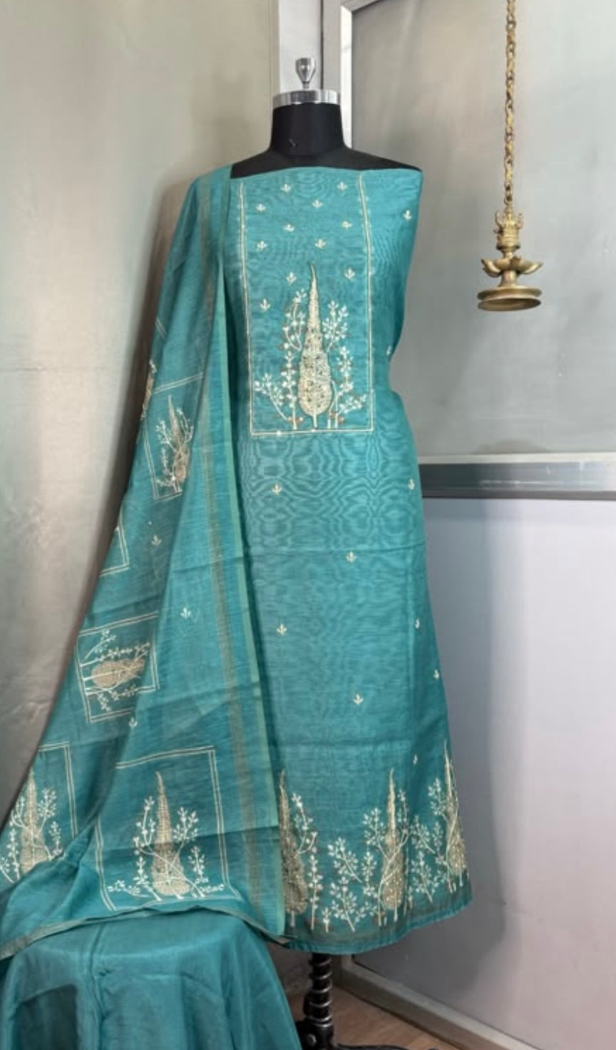 Teal blue Chanderi set