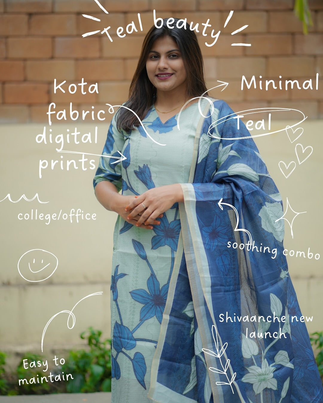 Teal Princess Kota Cotton Kurti & Dupatta Set