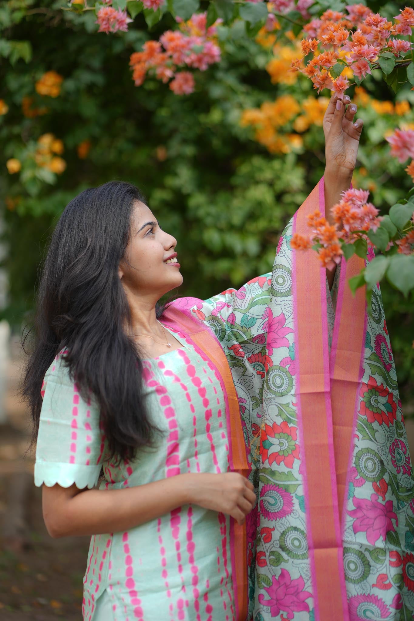 Light Green & Pink Floral Tussar 3-Piece Suit Set