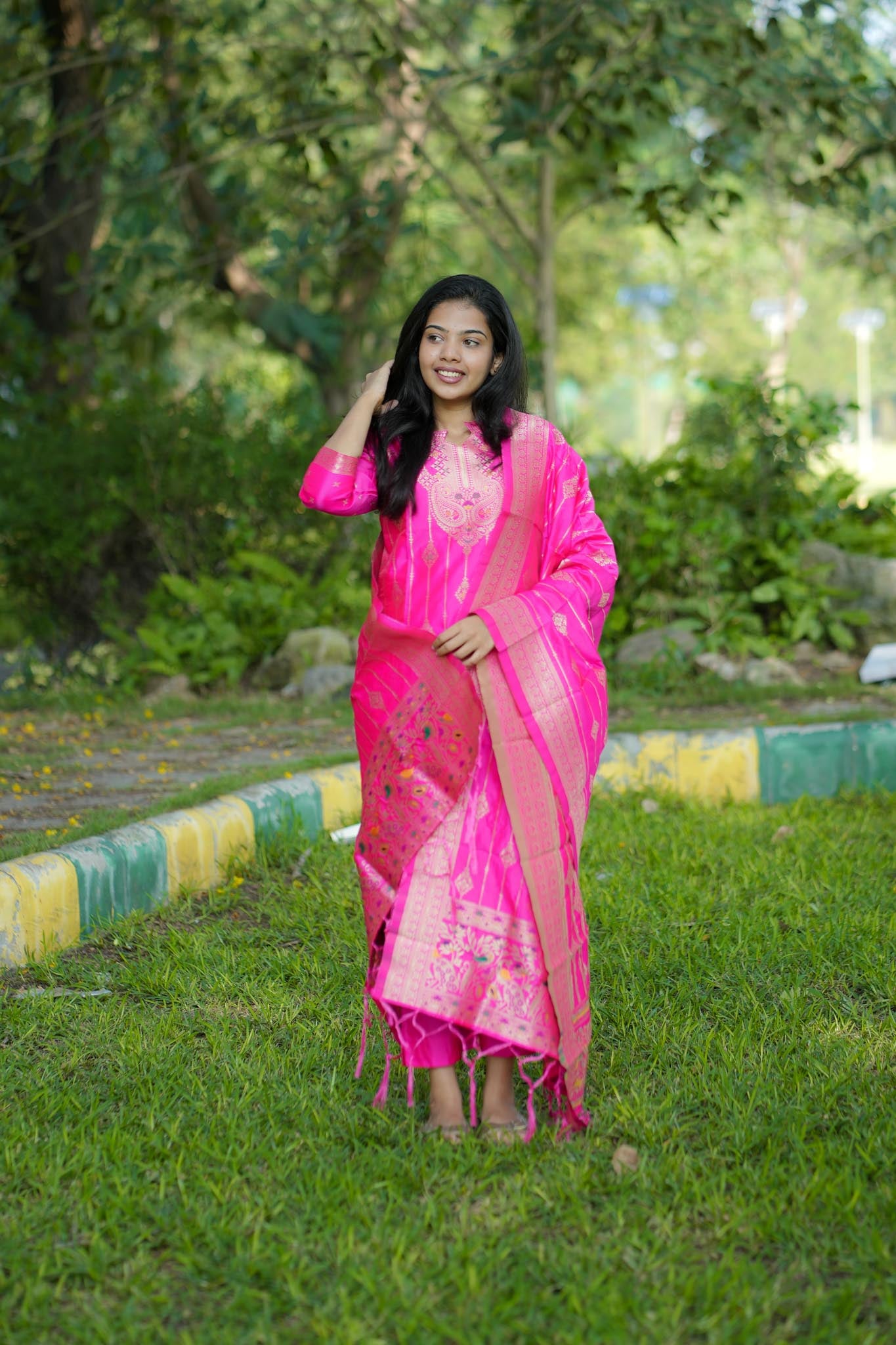 Rani Pink Banarasi Silk Suit Set with Gold Zari Work