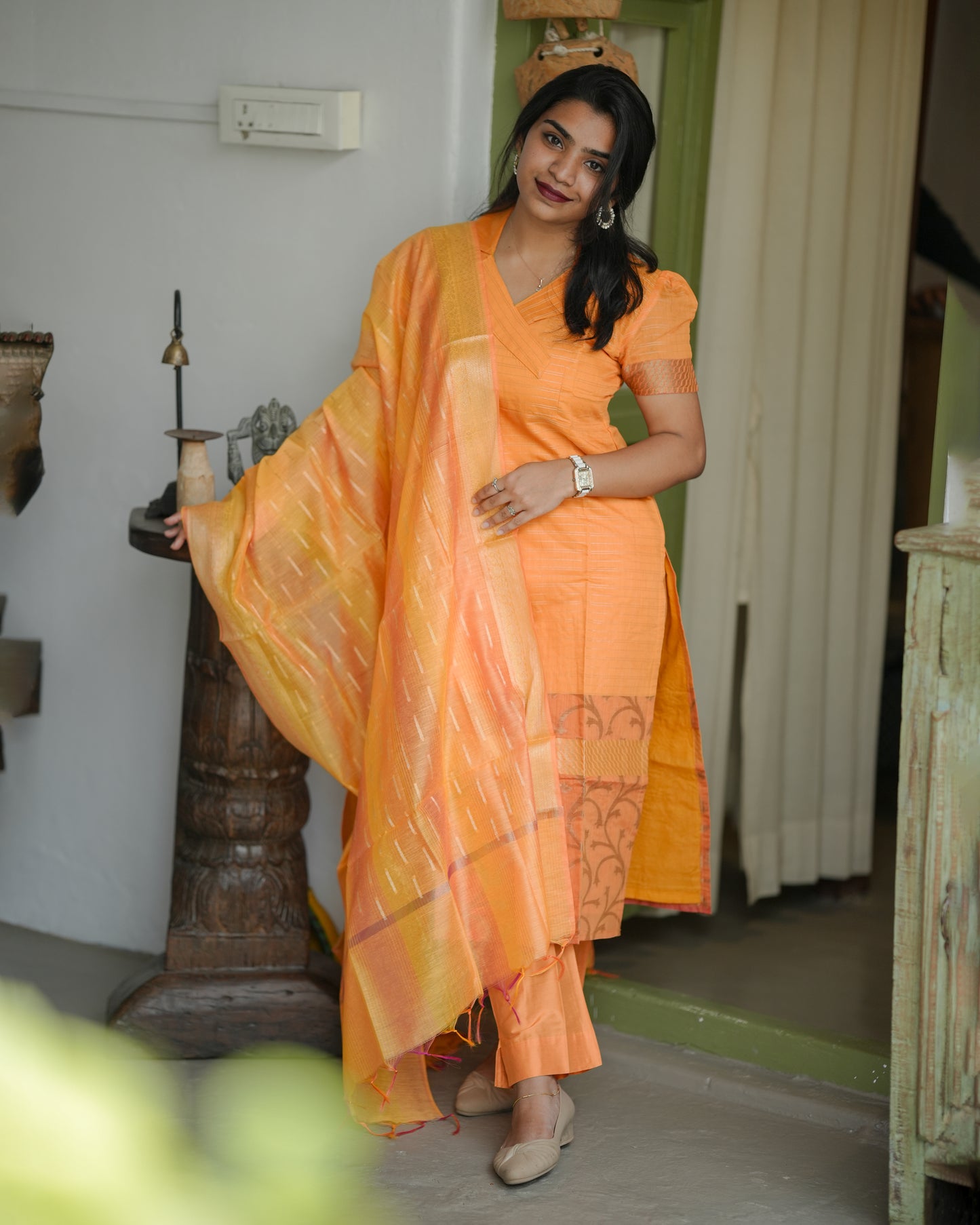 Amber Glow Orange Silk-Cotton Suit with Dupatta