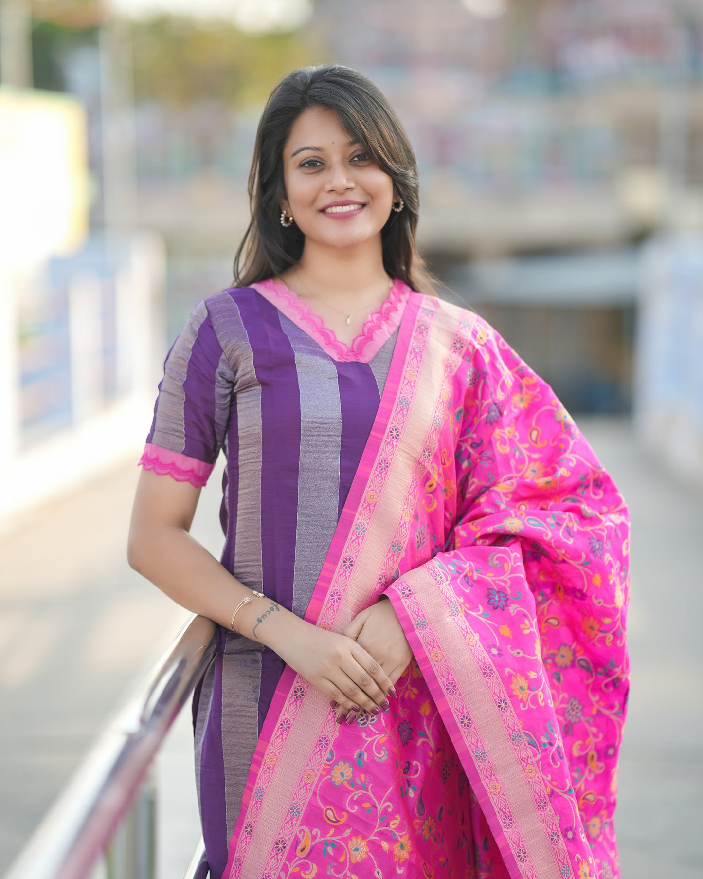 Silk & Silver Stripes – Purple Silk Tissue Kurti Set
