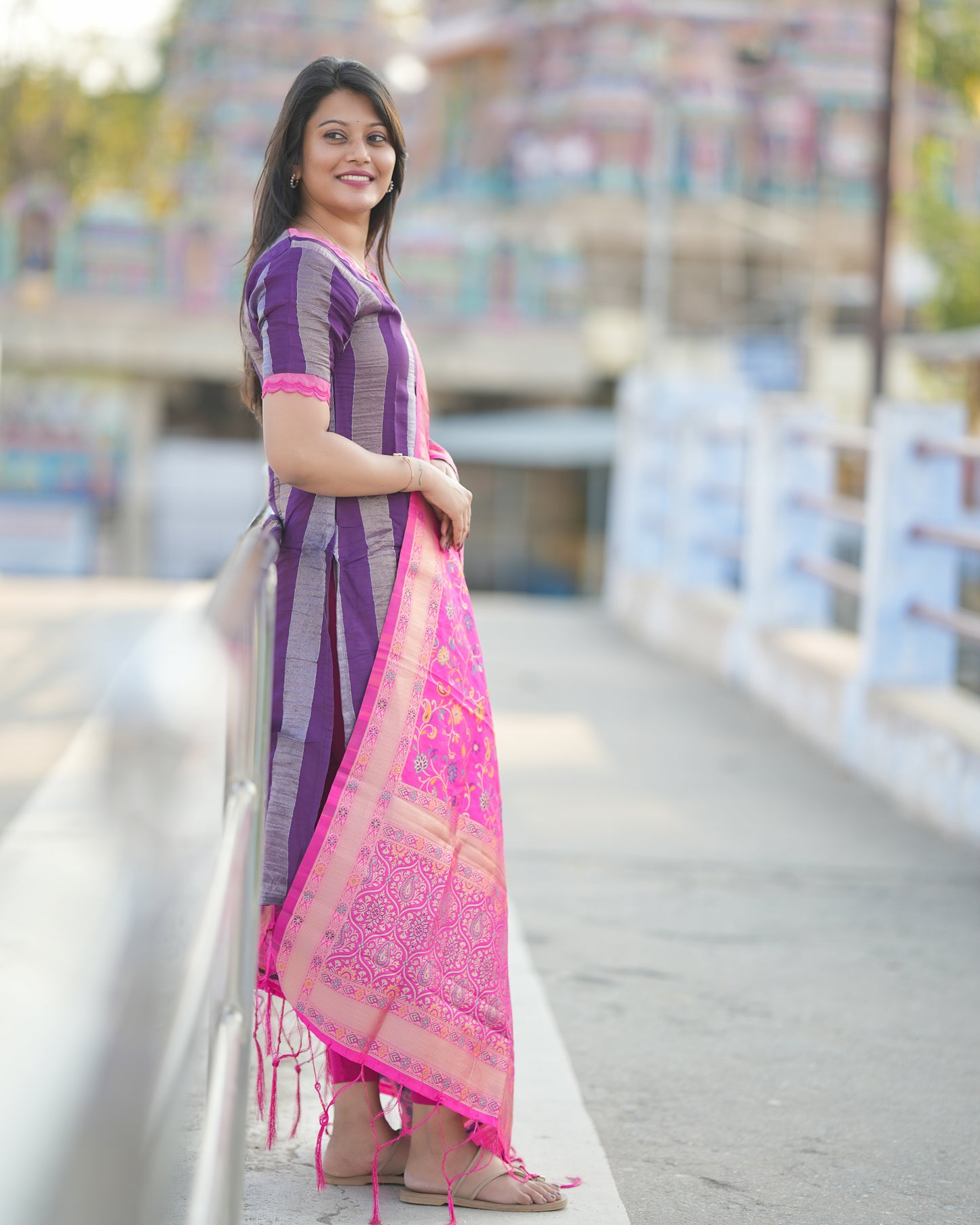 Silk & Silver Stripes – Purple Silk Tissue Kurti Set