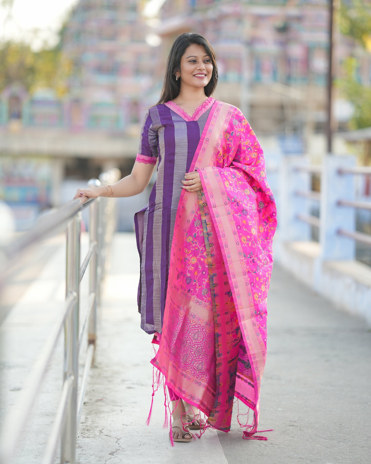 Silk & Silver Stripes – Purple Silk Tissue Kurti Set
