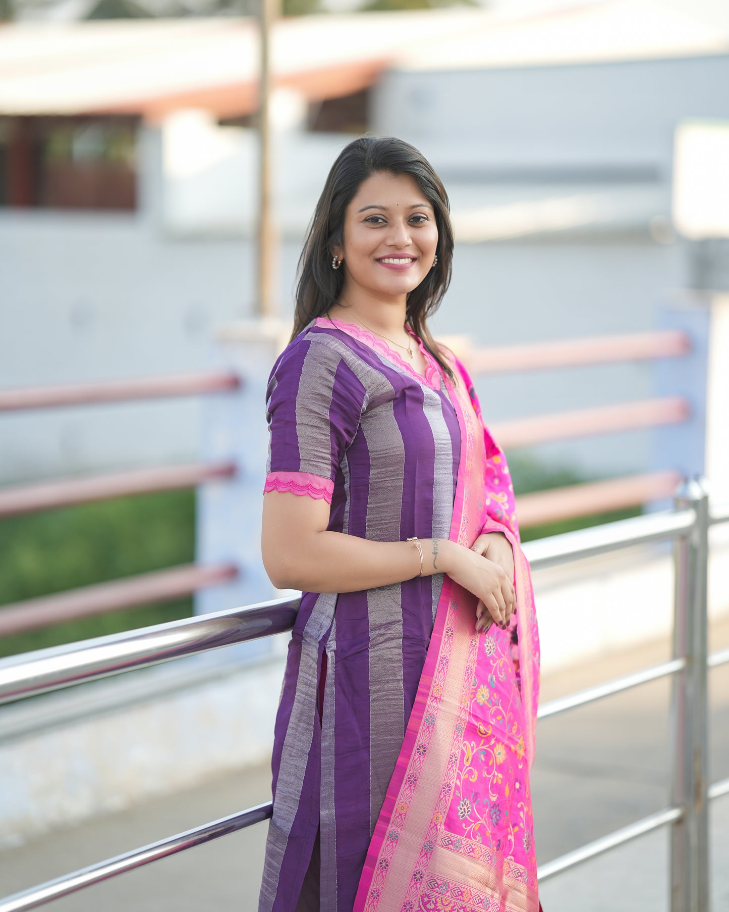Silk & Silver Stripes – Purple Silk Tissue Kurti Set