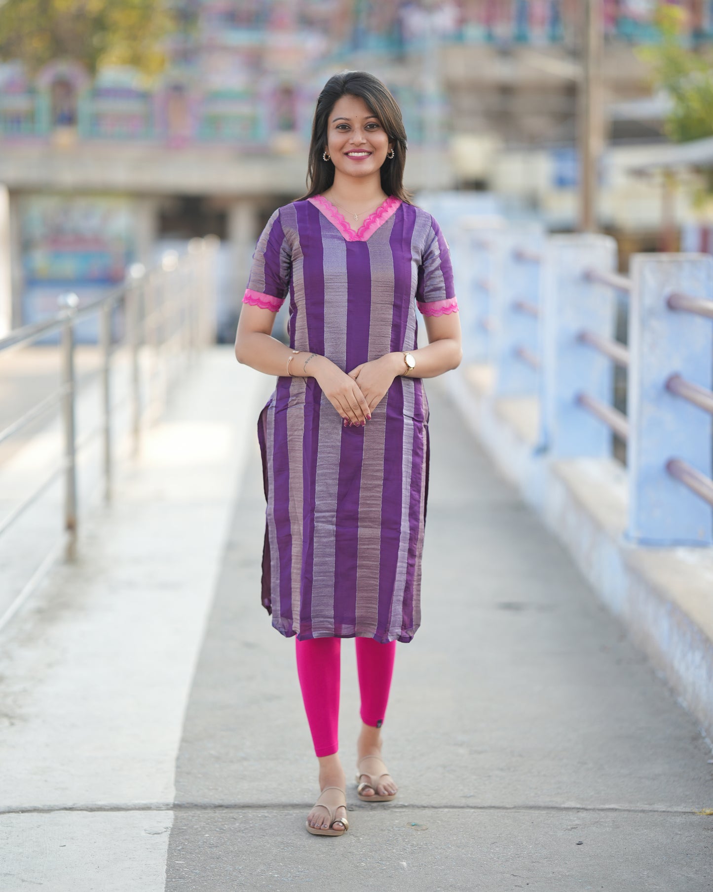 Silk & Silver Stripes – Purple Silk Tissue Kurti Set