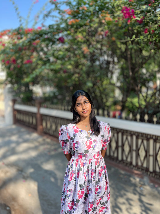GREY AND RED POPLIN DRESS