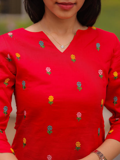 Cherry Blossom Mul Mul Cotton Embroidered Kurti