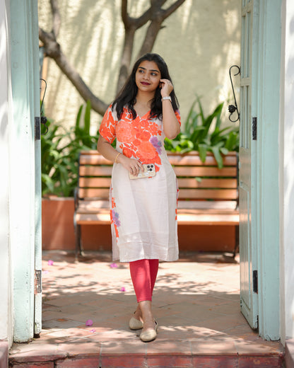 Gulmohar Blossom V-Neck Muslin Kurti