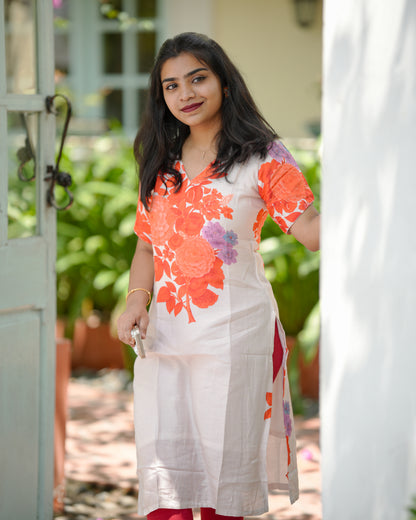 Gulmohar Blossom V-Neck Muslin Kurti