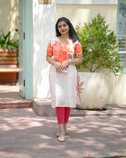 Gulmohar Blossom V-Neck Muslin Kurti
