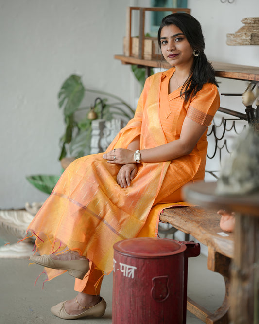 Amber Glow Orange Silk-Cotton Suit with Dupatta
