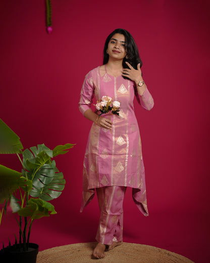 Pastel Pink Dola Jacquard Silk Co-Ord Set