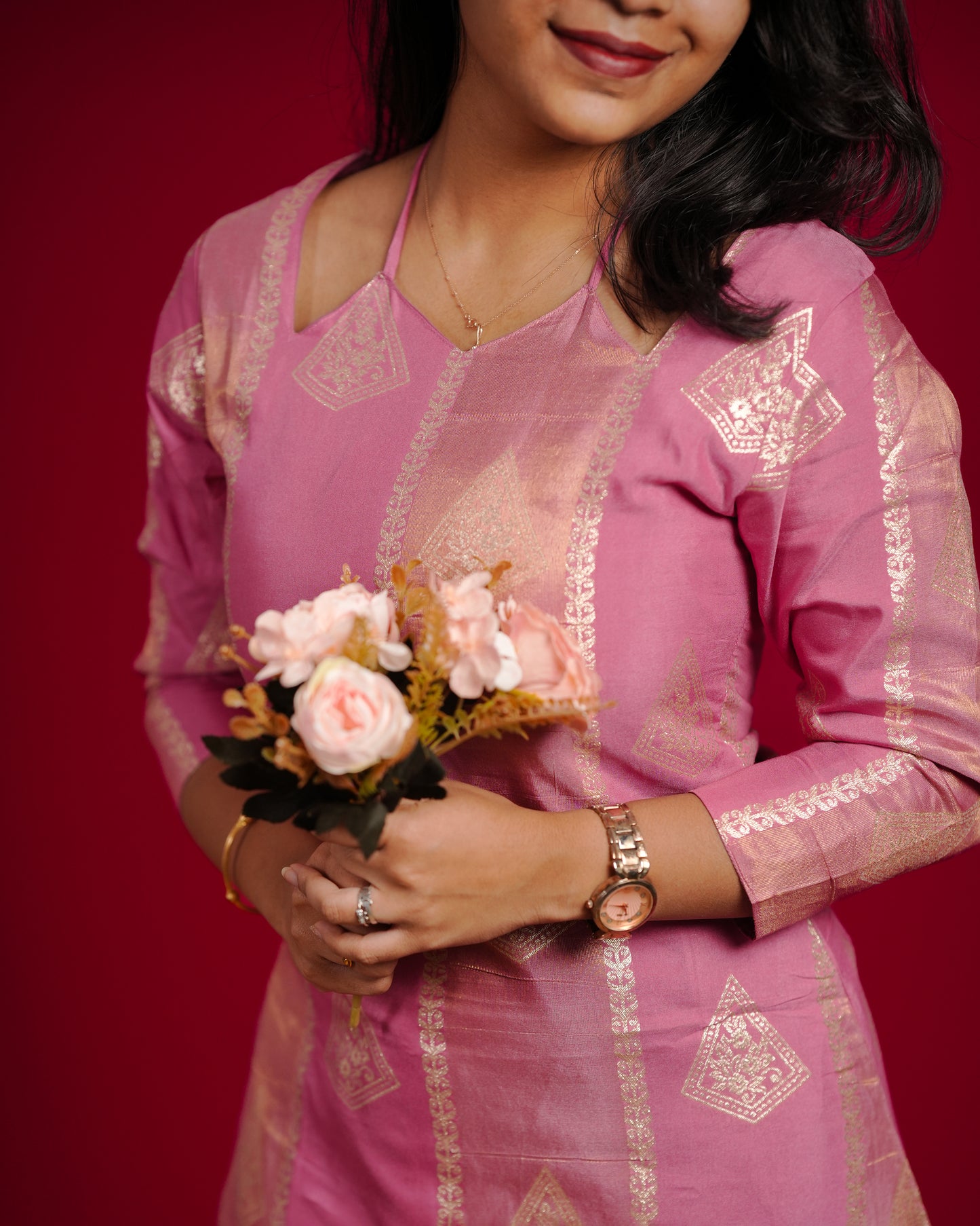 Pastel Pink Dola Jacquard Silk Co-Ord Set