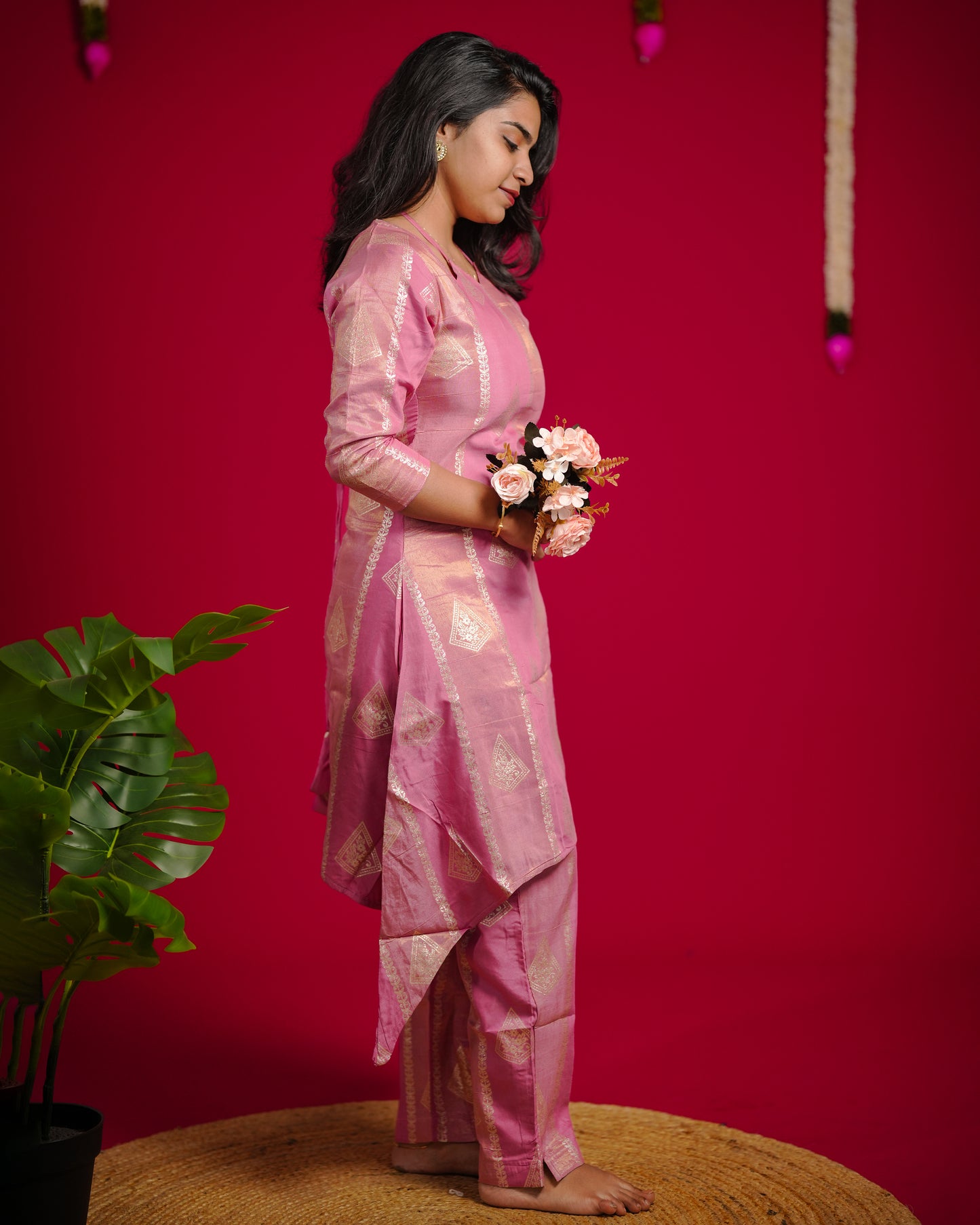 Pastel Pink Dola Jacquard Silk Co-Ord Set