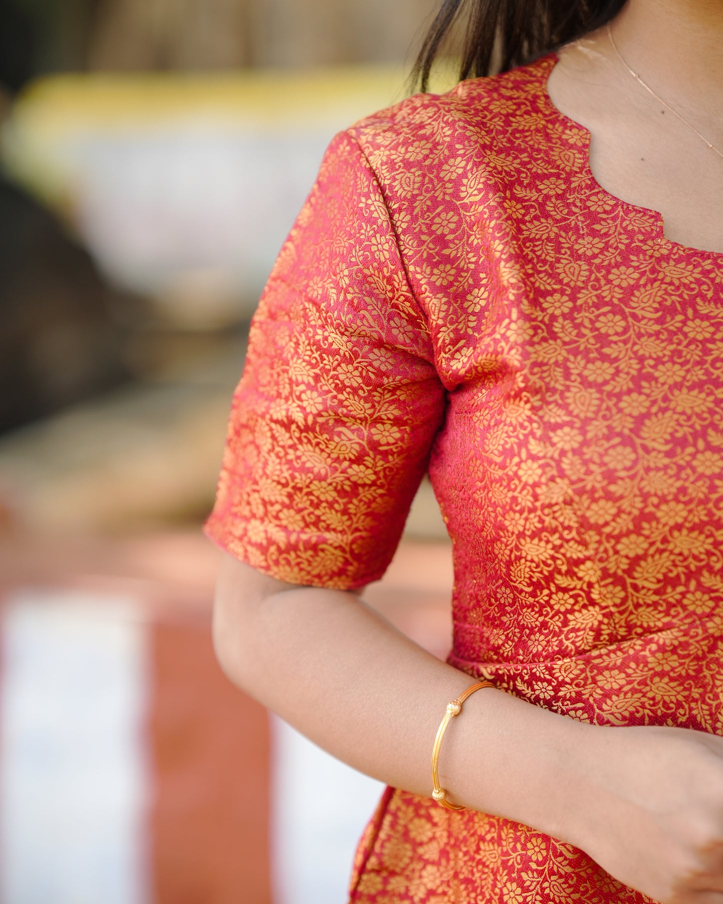 Classic Banarasi Silk Gown with Modern Neck Design