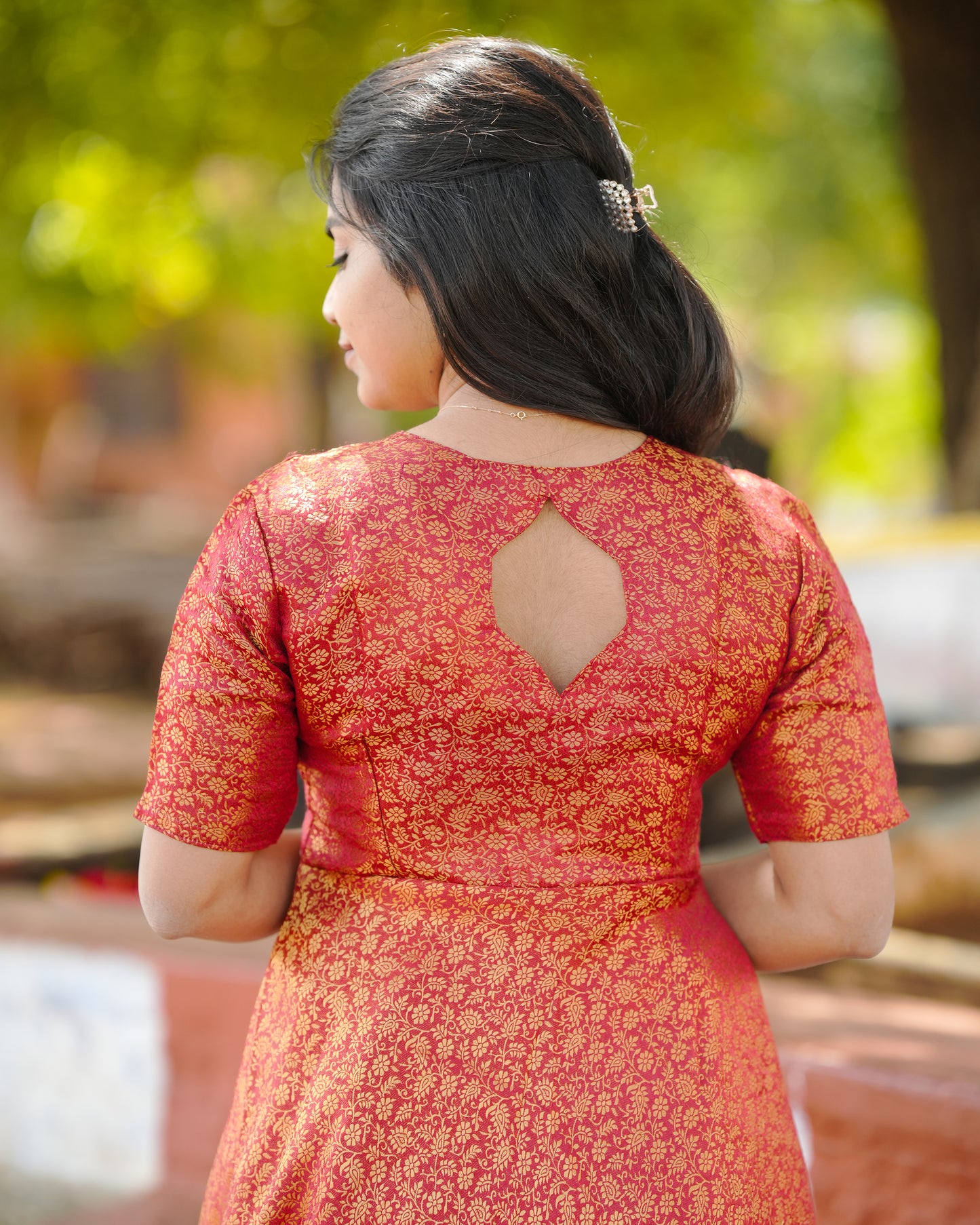 Classic Banarasi Silk Gown with Modern Neck Design
