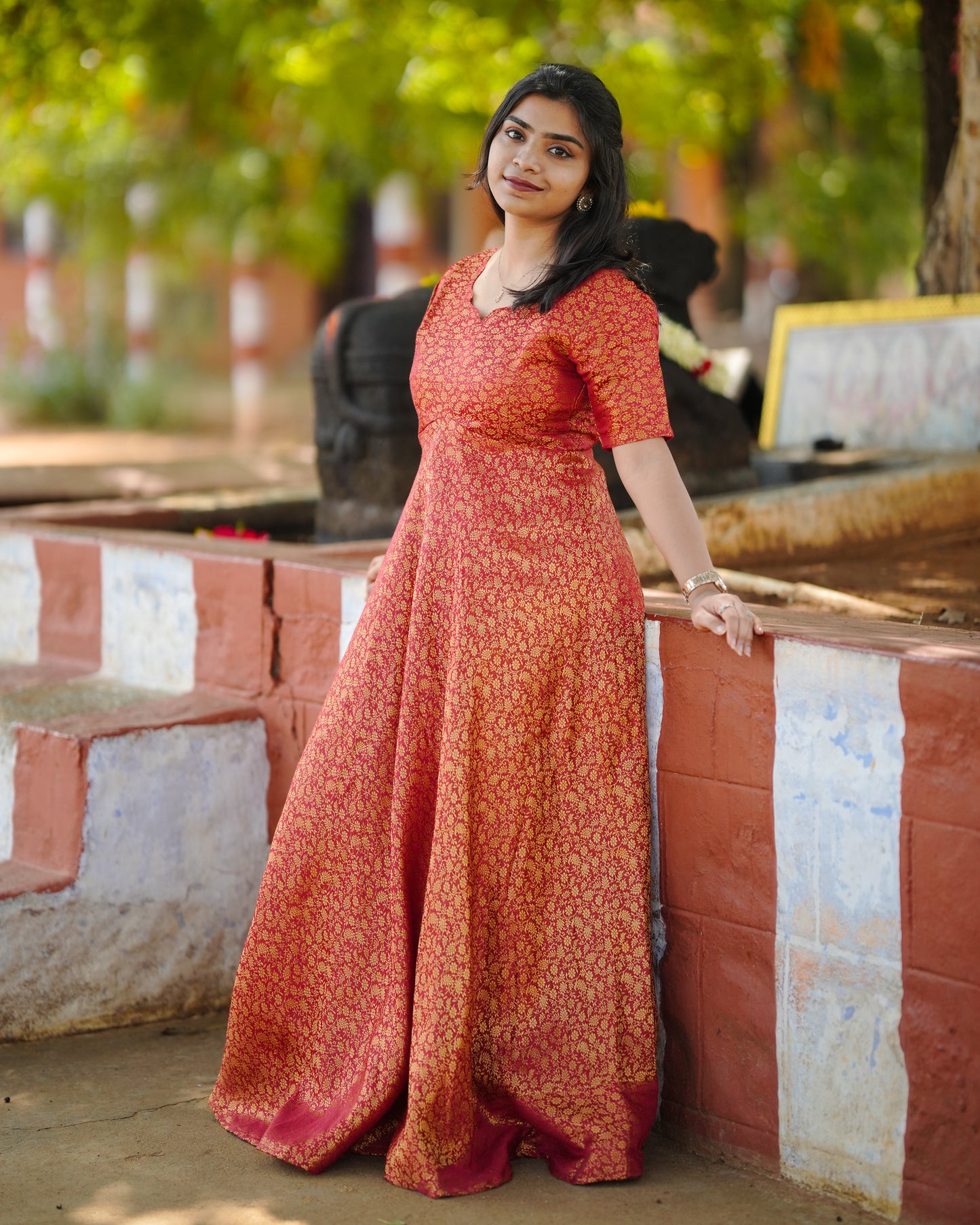 Classic Banarasi Silk Gown with Modern Neck Design