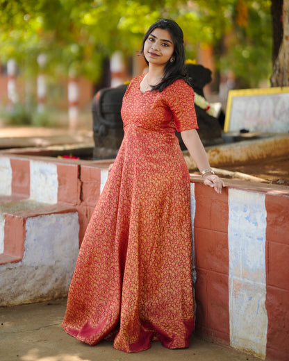 Classic Banarasi Silk Gown with Modern Neck Design