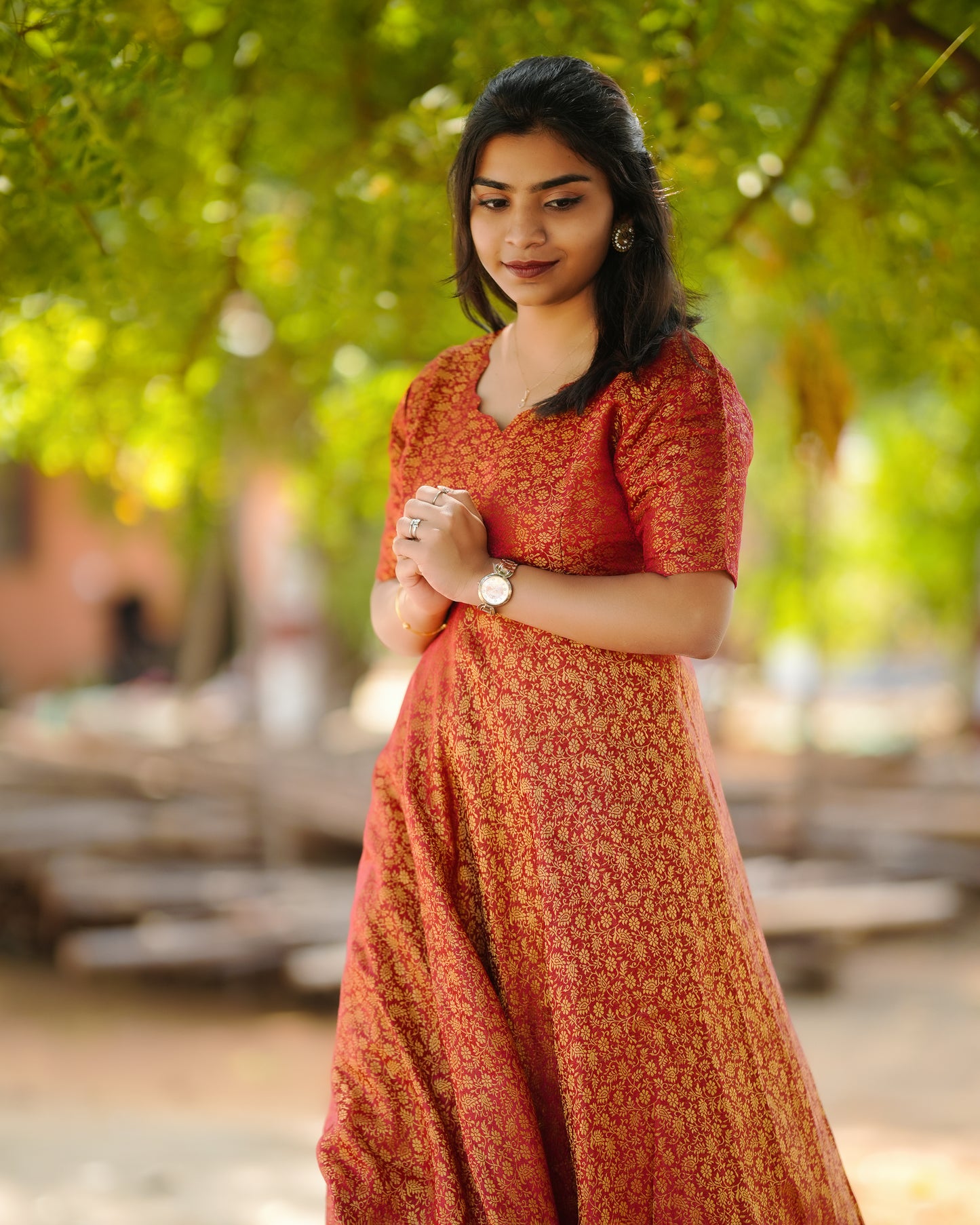 Classic Banarasi Silk Gown with Modern Neck Design