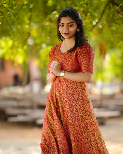Classic Banarasi Silk Gown with Modern Neck Design