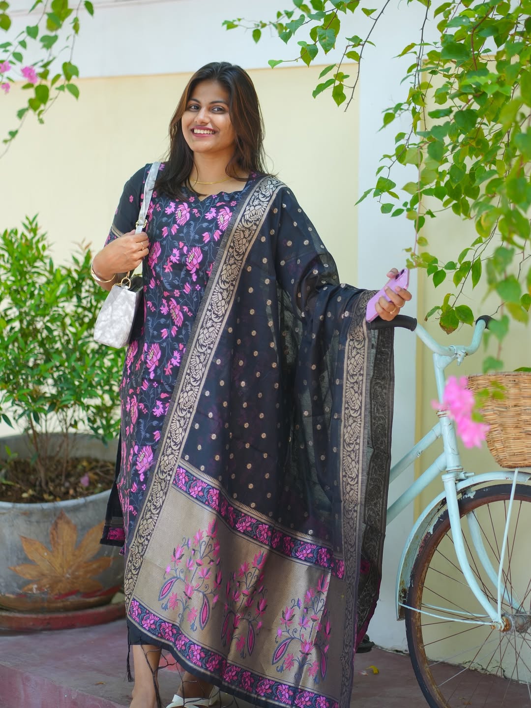 Festive Banarasi Black & Lavender Kurti Set