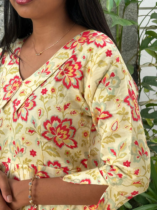 Beige Mehandi floral Kurti
