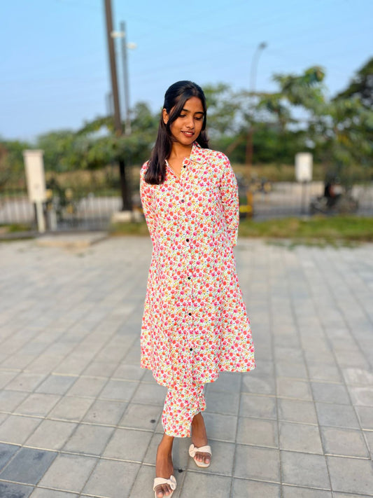 Blush Floral Coord Set - Stylish A-Line Linen Outfit