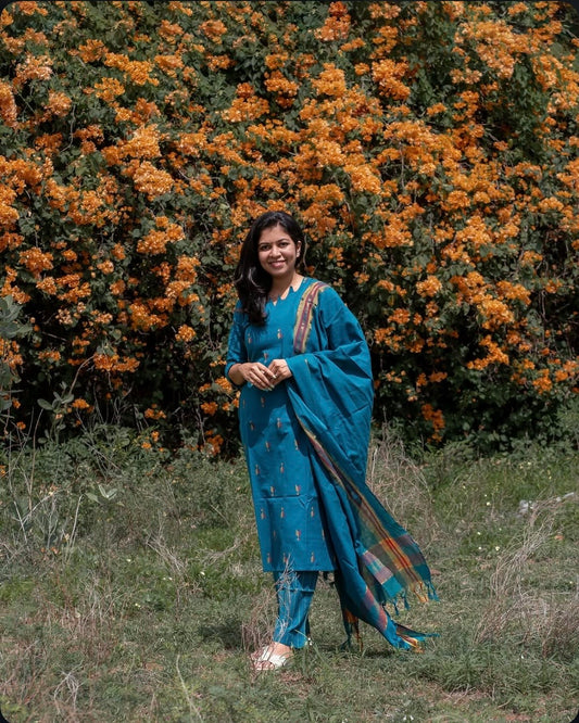 Jamdani Blue green suit set