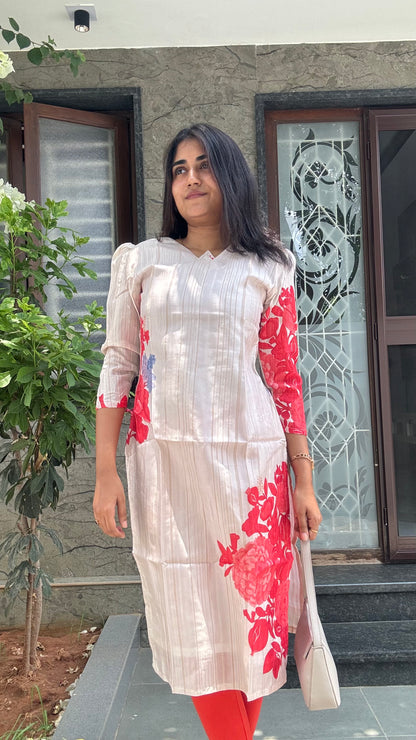 IVORY FLORAL TUSSAR SILK KURTI