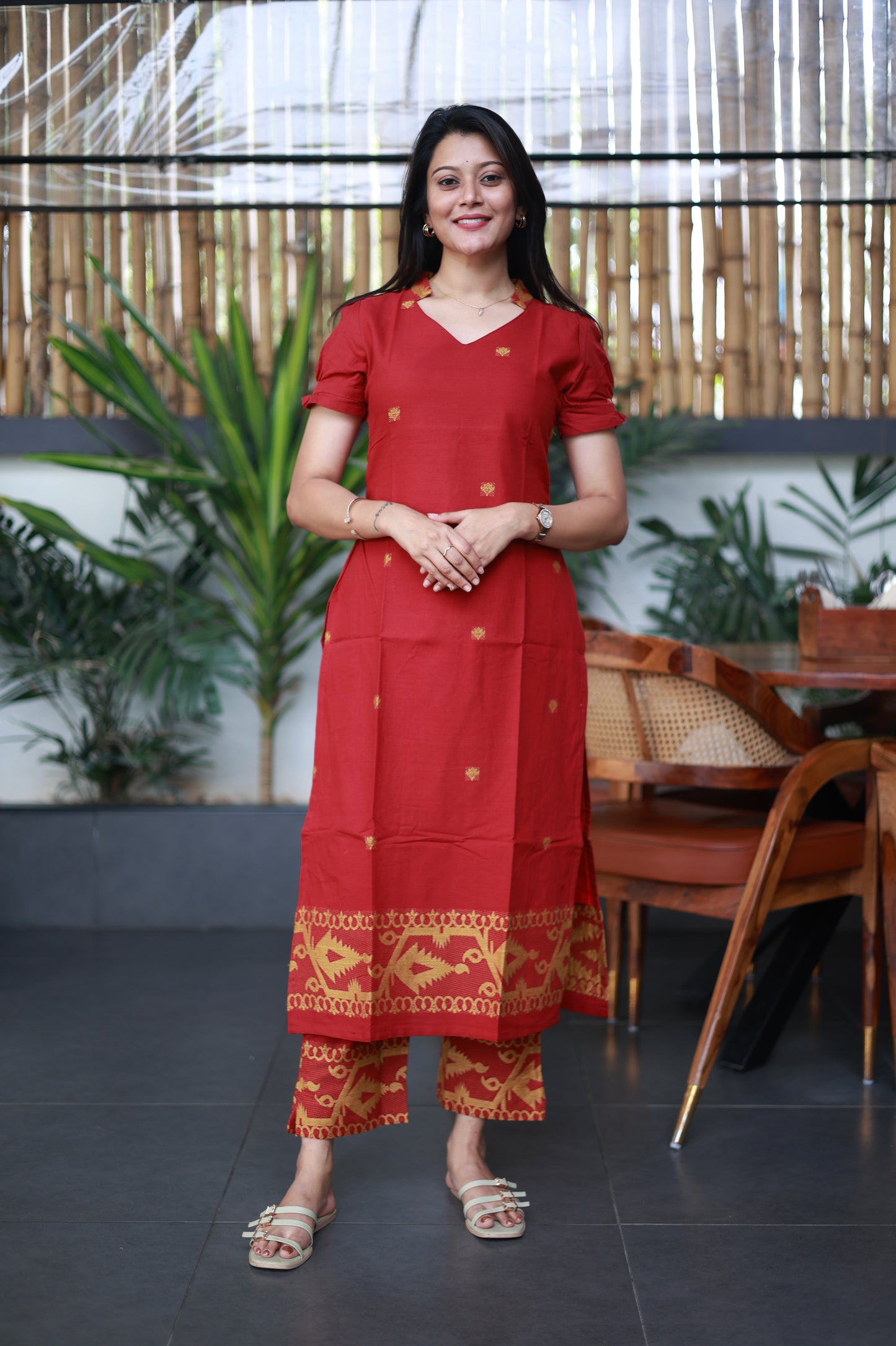 Handwoven Jamdani Co-Ord Set in Sunrise Red