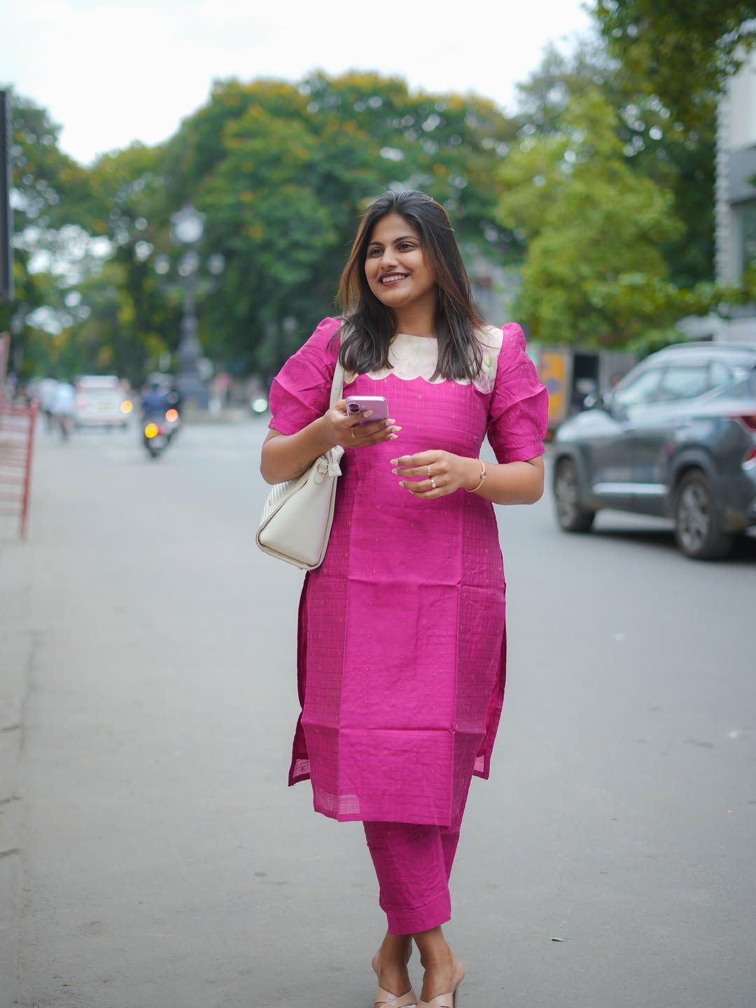 Rani Pink Raw Silk Checkered Co-Ord Set