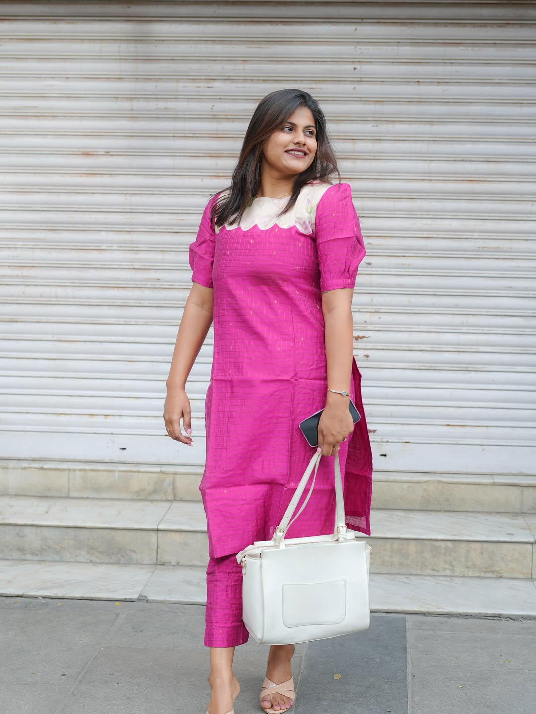 Rani Pink Raw Silk Checkered Co-Ord Set