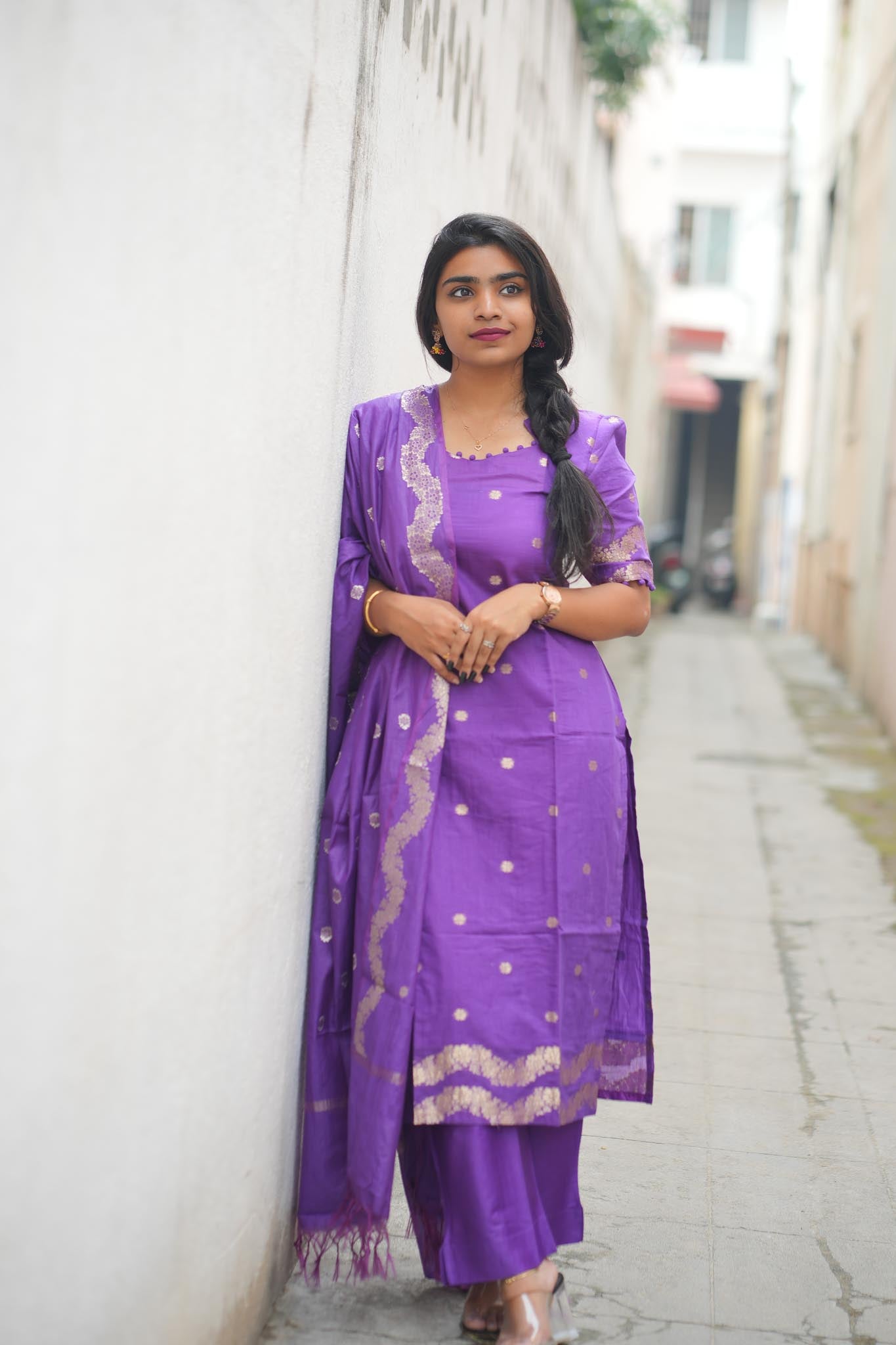 Sweet Violet Silk Cotton Kurti Pant Dupatta Set with Gold Zari
