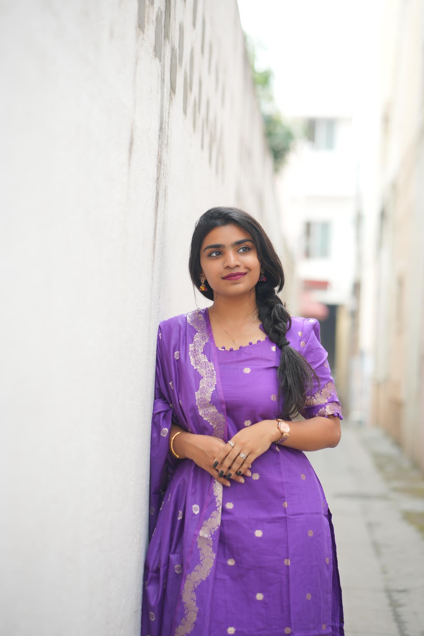 Sweet Violet Silk Cotton Kurti Pant Dupatta Set with Gold Zari