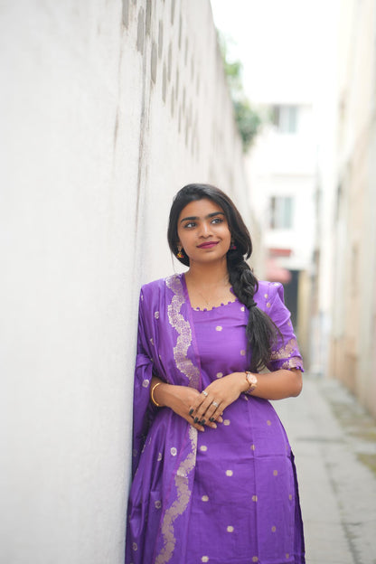 Sweet Violet Silk Cotton Kurti Pant Dupatta Set with Gold Zari