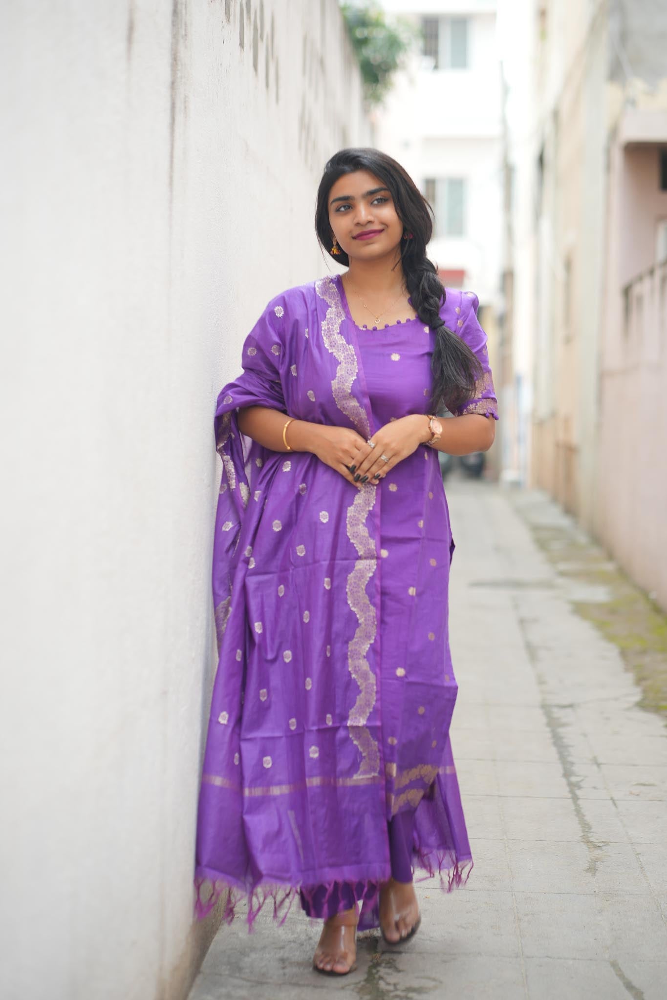 Sweet Violet Silk Cotton Kurti Pant Dupatta Set with Gold Zari