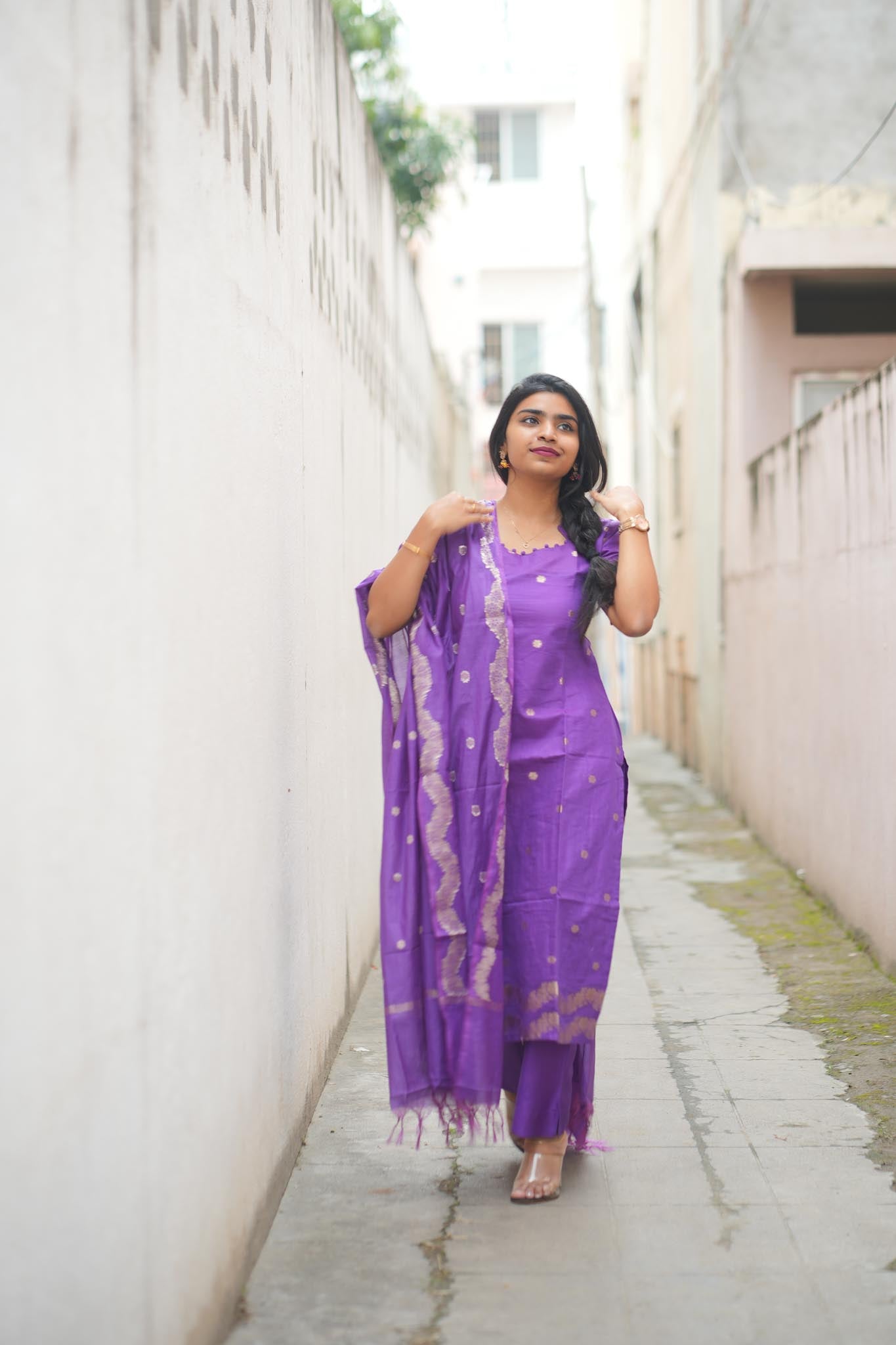 Sweet Violet Silk Cotton Kurti Pant Dupatta Set with Gold Zari