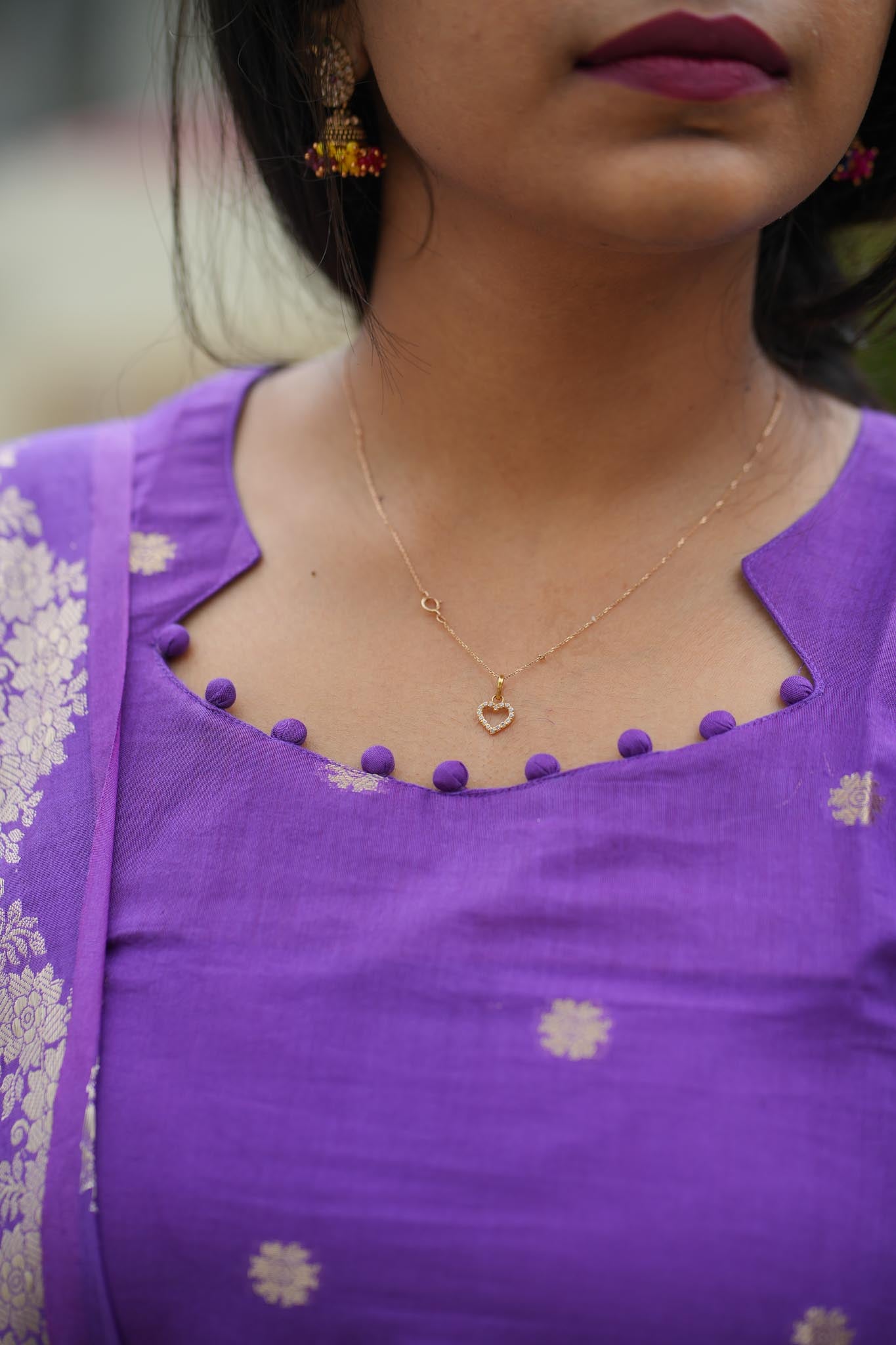 Sweet Violet Silk Cotton Kurti Pant Dupatta Set with Gold Zari