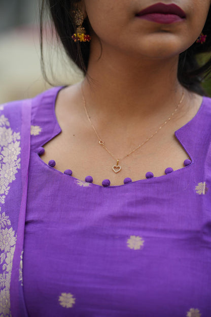 Sweet Violet Silk Cotton Kurti Pant Dupatta Set with Gold Zari