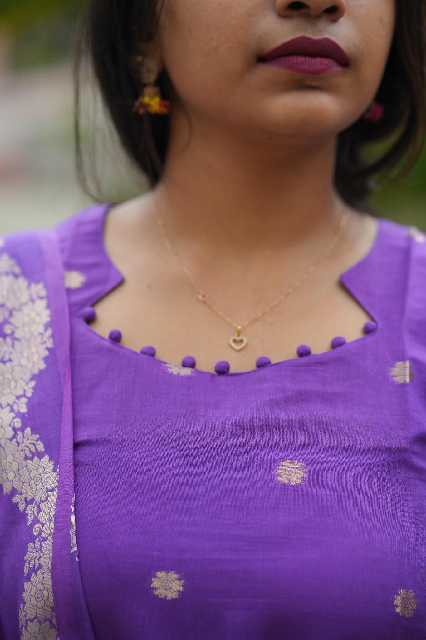 Sweet Violet Silk Cotton Kurti Pant Dupatta Set with Gold Zari