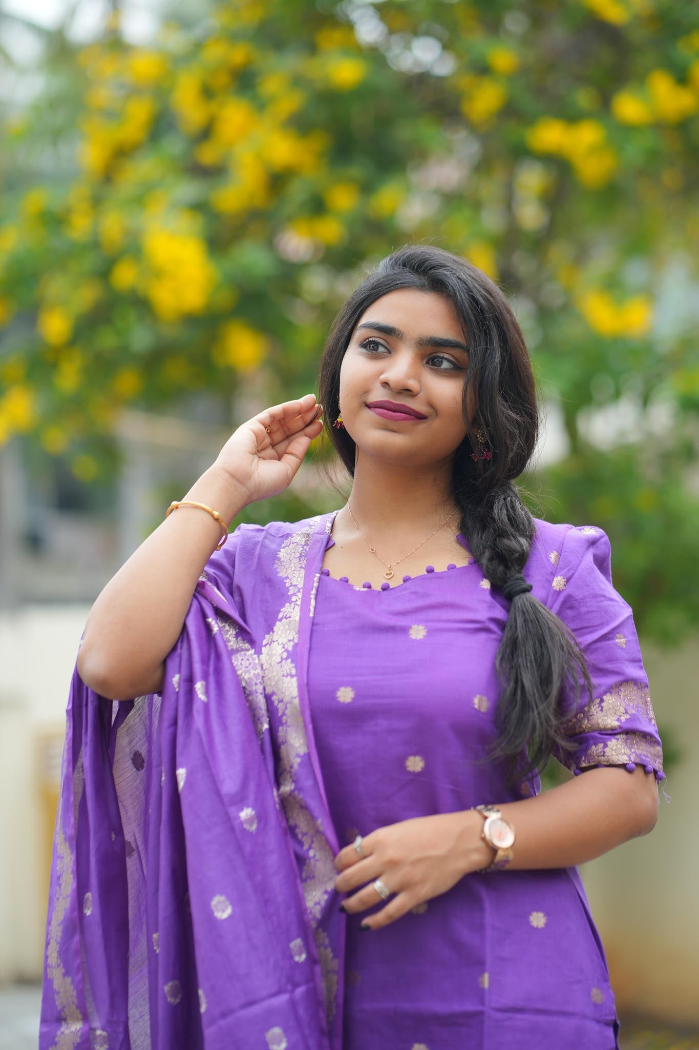 Sweet Violet Silk Cotton Kurti Pant Dupatta Set with Gold Zari