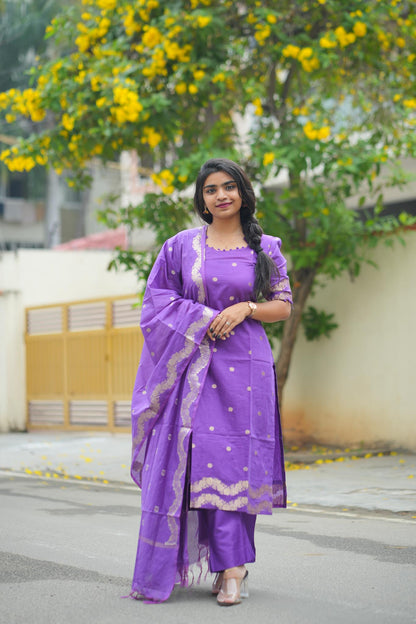 Sweet Violet Silk Cotton Kurti Pant Dupatta Set with Gold Zari