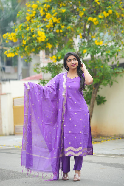 Sweet Violet Silk Cotton Kurti Pant Dupatta Set with Gold Zari