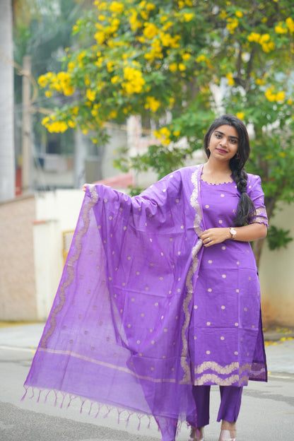 Sweet Violet Silk Cotton Kurti Pant Dupatta Set with Gold Zari