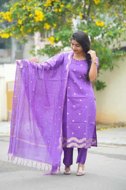 Sweet Violet Silk Cotton Kurti Pant Dupatta Set with Gold Zari