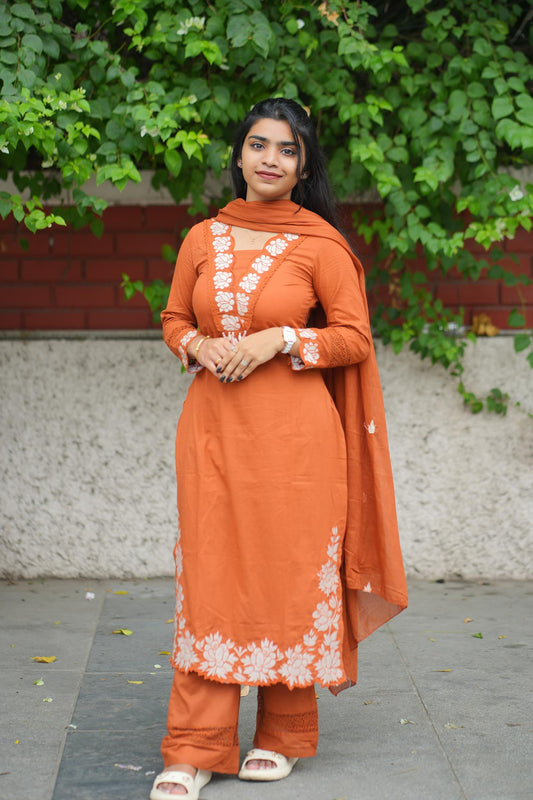 Rustic Charm Cotton Kurti Pant Dupatta Set – Fully Embroidered Ethnic Wear