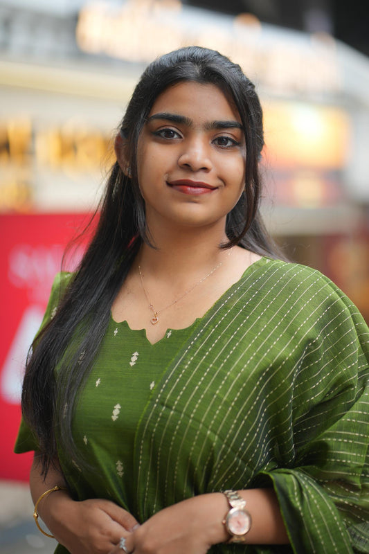 Olive Luxury Raw Silk Kurti Pant Dupatta Set – Minimal & Elegant